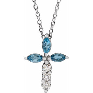 14K White Natural Aquamarine & 1/10 CTW Natural Diamond Cross 16-18" Necklace