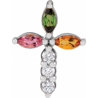 14K White Natural Multi-Gemstone & 1/10 CTW Natural Diamond Cross Pendant