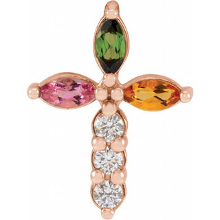 14K Rose Natural Multi-Gemstone & 1/10 CTW Natural Diamond Cross Pendant