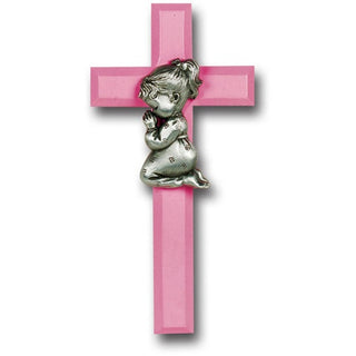 7" Pink Wood Cross With Pewter Praying Girl Figure