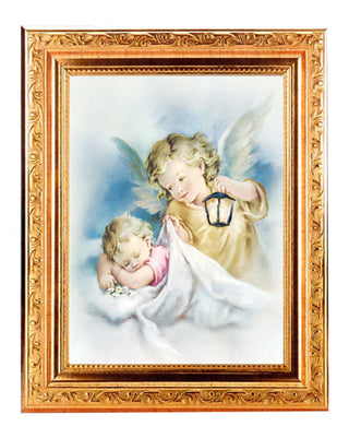 Guardian Angels With Lantern In 8.25X10.25" Gold Wood Frame