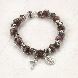 Purple Crystal Stretch Bracelet with Pink Rose Painted Beads