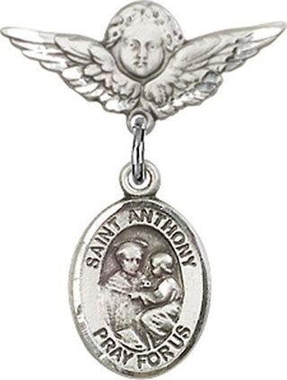 Sterling Silver Small Angel w/Wings St. Anthony of Padua Baby Badge - Engravable