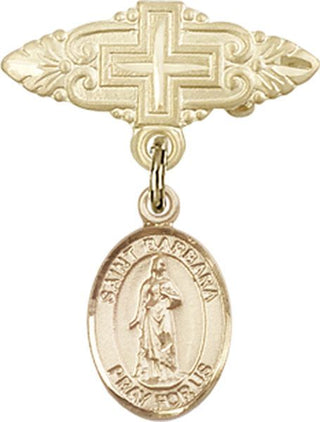 14kt Gold Badge Pin With Cross St. Barbara Baby Badge - Engravable