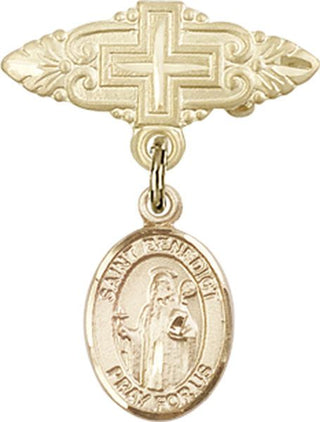 14kt Gold Filled Badge Pin With Cross St. Benedict Baby Badge - Engravable