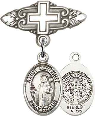 Sterling Silver Badge Pin With Cross St. Benedict Baby Badge - Engravable