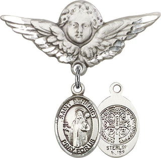 Sterling Silver Large Angel w/Wings St. Benedict Baby Badge - Engravable