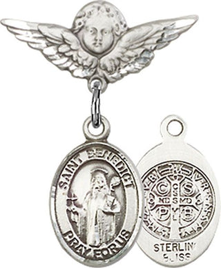Sterling Silver Small Angel w/Wings St. Benedict Baby Badge - Engravable