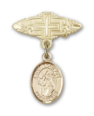 14kt Gold Badge Pin With Cross St. Boniface Baby Badge - Engravable