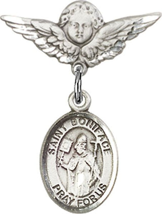 Sterling Silver Small Angel w/Wings St. Boniface Baby Badge - Engravable