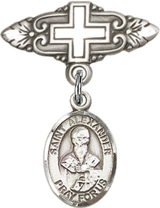 Sterling Silver Badge Pin With Cross St. Alexander Constantinople Baby Badge - Engravable