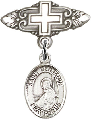 Sterling Silver Badge Pin With Cross St. Benjamin Baby Badge - Engravable