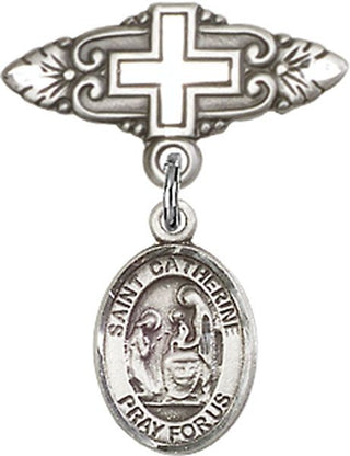 Sterling Silver Badge Pin With Cross St. Catherine of Siena Baby Badge - Engravable
