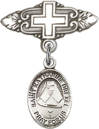 Sterling Silver Badge Pin With Cross St. Katharine Drexel Baby Badge - Engravable