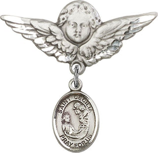 Sterling Silver Large Angel w/Wings St. Cecilia Baby Badge - Engravable