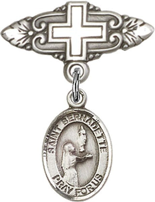 Sterling Silver Badge Pin With Cross St. Bernadette Baby Badge - Engravable
