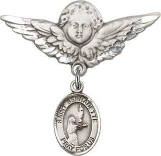 Sterling Silver Large Angel w/Wings St. Bernadette Baby Badge - Engravable