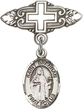 Sterling Silver Badge Pin With Cross St. Brendan the Navigator Baby Badge - Engravable