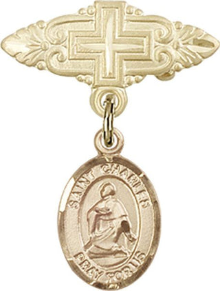 14kt Gold Badge Pin With Cross St. Charles Borromeo Baby Badge - Engravable