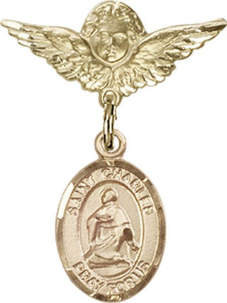 14kt Gold Small Angel w/Wings St. Charles Borromeo Baby Badge - Engravable
