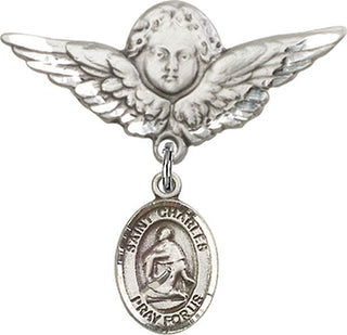 Sterling Silver Large Angel w/Wings St. Charles Borromeo Baby Badge - Engravable