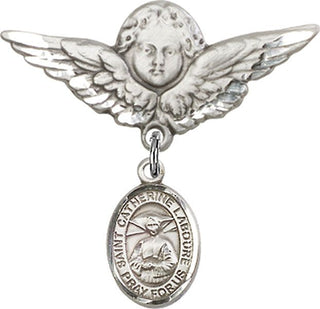Sterling Silver Large Angel w/Wings St. Catherine Laboure Baby Badge - Engravable