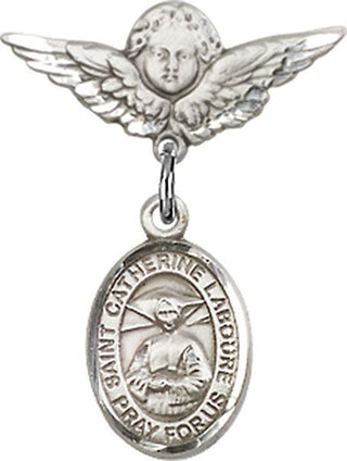 Sterling Silver Small Angel w/Wings St. Catherine Laboure Baby Badge - Engravable