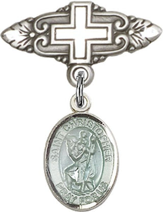 Sterling Silver Badge Pin With Cross St. Christopher Baby Badge - Engravable