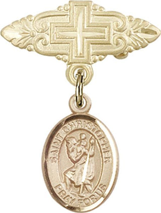 14kt Gold Filled Badge Pin With Cross St. Christopher Baby Badge - Engravable