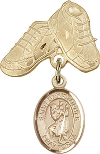 14kt Gold Baby Boots St. Christopher Baby Badge - Engravable