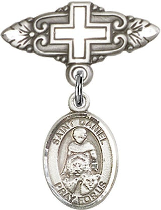 Sterling Silver Badge Pin With Cross St. Daniel Baby Badge - Engravable