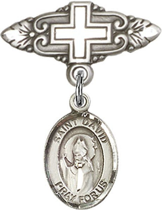 Sterling Silver Badge Pin With Cross St. David of Wales Baby Badge - Engravable