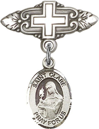 Sterling Silver Badge Pin With Cross St. Clare of Assisi Baby Badge - Engravable