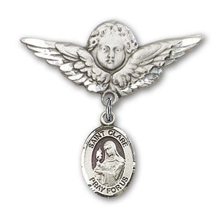 Sterling Silver Large Angel w/Wings St. Clare of Assisi Baby Badge - Engravable