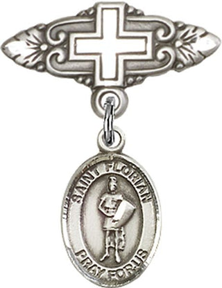 Sterling Silver Badge Pin With Cross St. Florian Baby Badge - Engravable