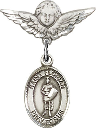 Sterling Silver Small Angel w/Wings St. Florian Baby Badge - Engravable