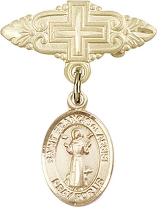 14kt Gold Filled Badge Pin With Cross St. Francis of Assisi Baby Badge - Engravable