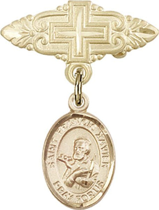 14kt Gold Badge Pin With Cross St. Francis Xavier Baby Badge - Engravable