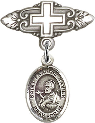 Sterling Silver Badge Pin With Cross St. Francis Xavier Baby Badge - Engravable