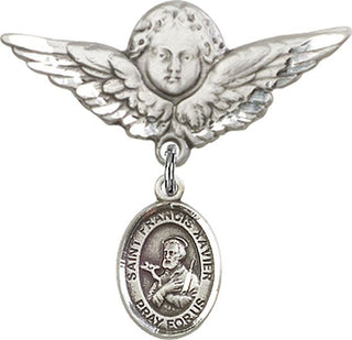 Sterling Silver Large Angel w/Wings St. Francis Xavier Baby Badge - Engravable
