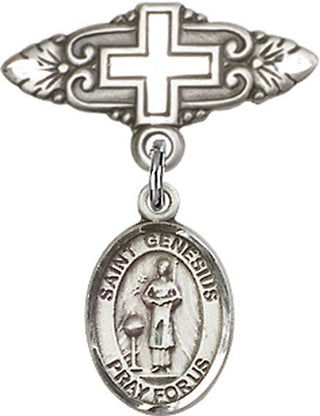 Sterling Silver Badge Pin With Cross St. Genesius of Rome Baby Badge - Engravable