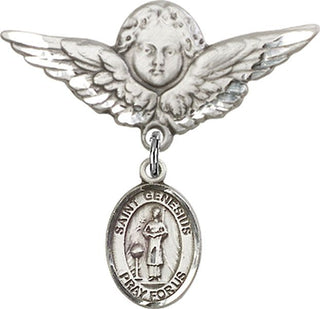 Sterling Silver Large Angel w/Wings St. Genesius of Rome Baby Badge - Engravable