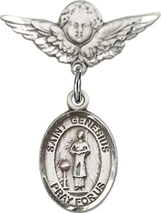 Sterling Silver Small Angel w/Wings St. Genesius of Rome Baby Badge - Engravable