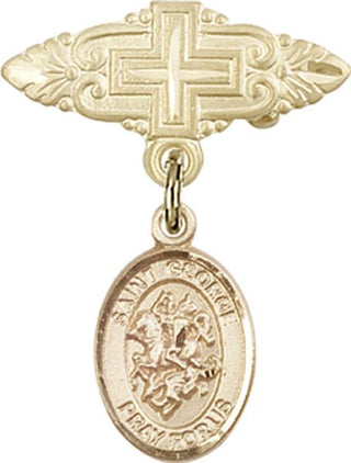 14kt Gold Badge Pin With Cross St. George Baby Badge - Engravable