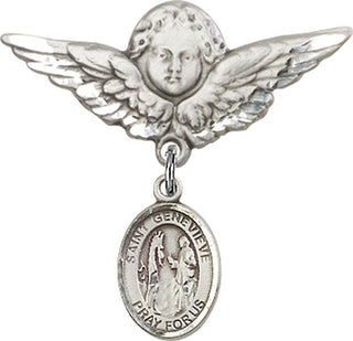 Sterling Silver Large Angel w/Wings St. Genevieve Baby Badge - Engravable