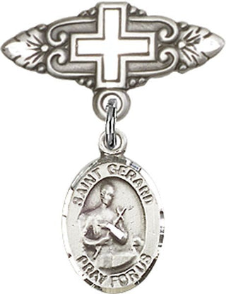 Sterling Silver Badge Pin With Cross St. Gerard Majella Baby Badge - Engravable