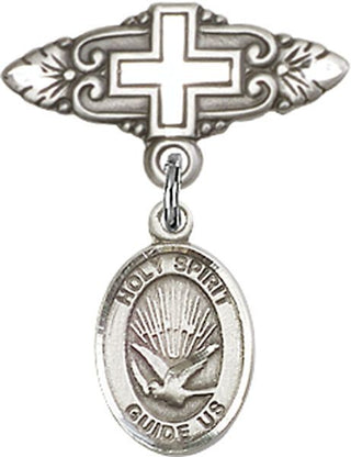 Sterling Silver Badge Pin With Cross Holy Spirit Baby Badge - Engravable