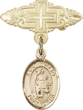 14kt Gold Badge Pin With Cross St. Hubert of Liege Baby Badge - Engravable