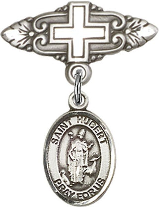 Sterling Silver Badge Pin With Cross St. Hubert of Liege Baby Badge - Engravable