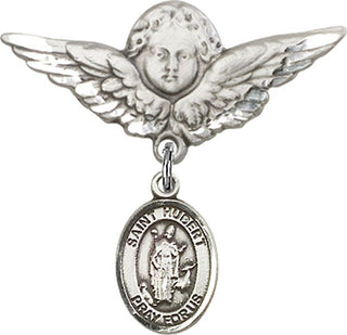 Sterling Silver Large Angel w/Wings St. Hubert of Liege Baby Badge - Engravable